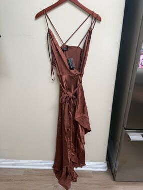 NWT BCBG Rust Brown Satin Wrap Maxi 
 Dress with Spaghetti Straps